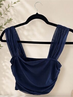SHEIN Navy Blue Mesh Ruched Crop Top | Size S